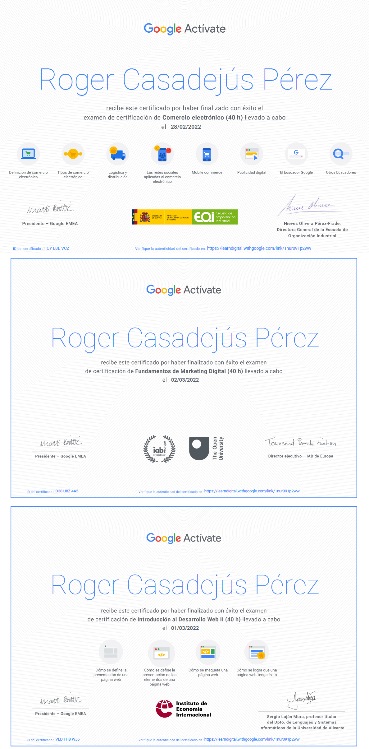 Certificaciones obtenidas en Google Activate